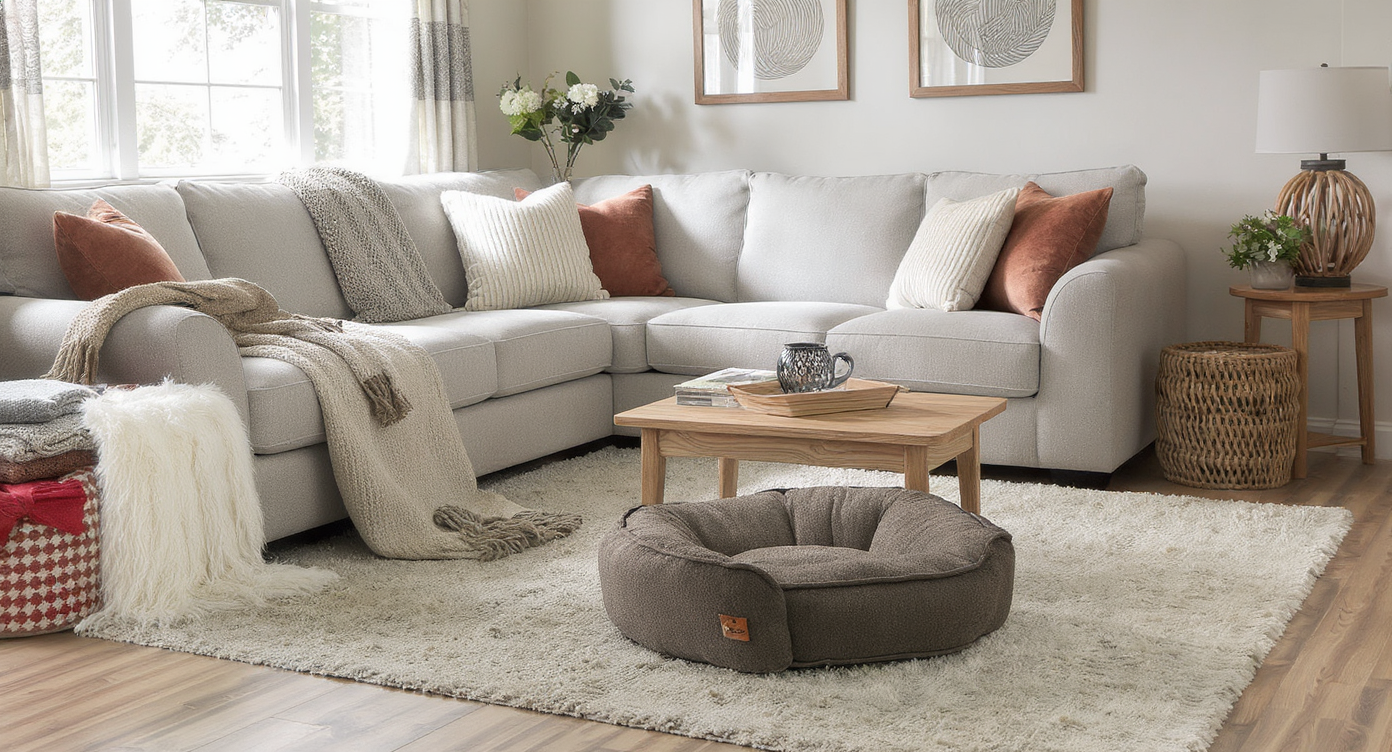 A warmly lit basement living area with a plush dog bed, cozy throws, and durable, movable furnishings for a comfortable, pet-friendly space.
