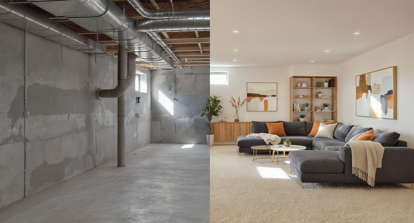 A photorealistic 16:9 image of a basement showing a seamless before-and-after renovation: unfinished space transitions into a cozy, modern living area.
