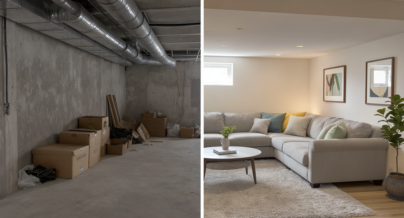 A basement split in half: one side is unfinished with exposed concrete and clutter, while the other is beautifully renovated and welcoming.