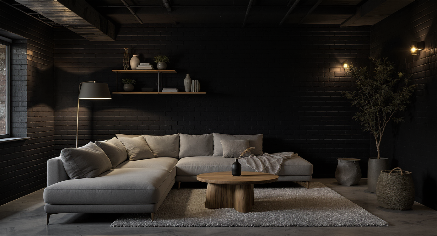 Photorealistic basement lounge featuring deep black painted brick walls, soft seating, warm wood accents, and cozy ambient lighting.