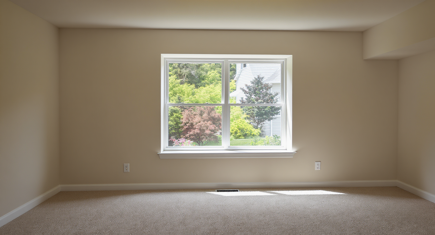 A renovated basement living space features a large egress window flooding the room with natural light, complemented by layered lighting.