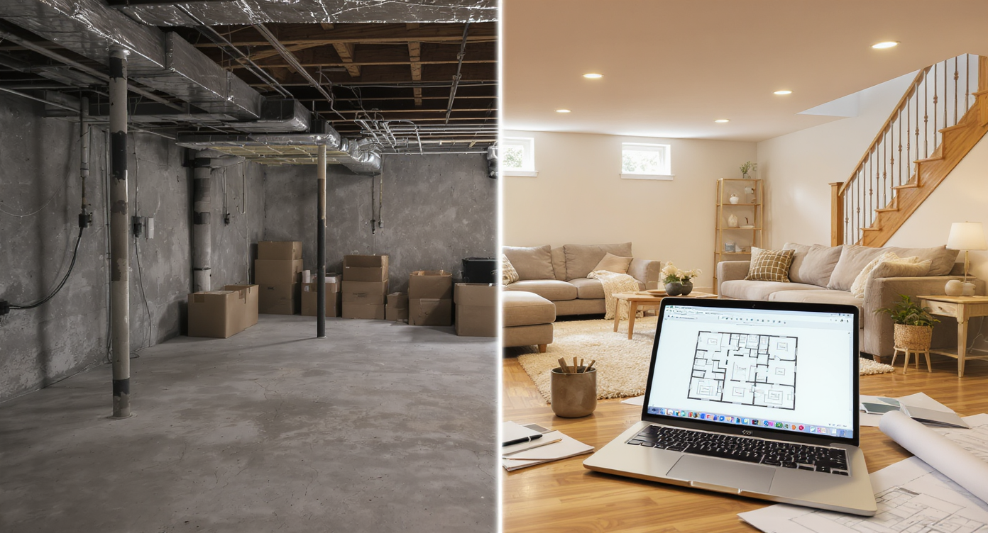 A realistic basement divided between unfinished storage and a finished living area, with a laptop showing a digital room planning tool on a table.
