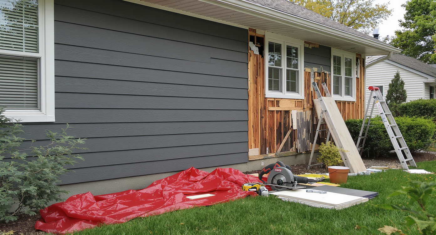 Suburban house mid-remodel showing exposed old siding, partially installed new panels, and DIY tools like a ladder and saw on a clean worksite.