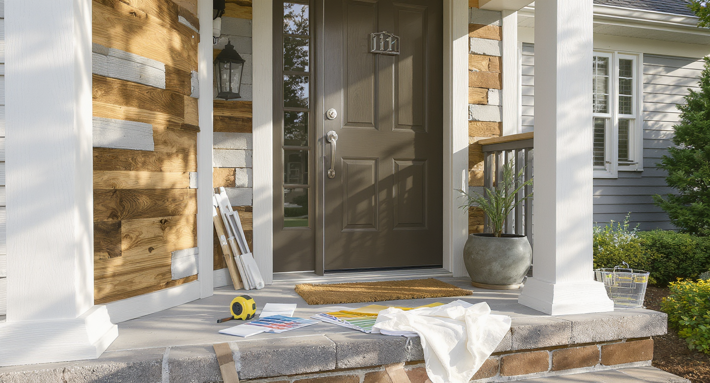 A home's facade mid-siding update: one side completed in new siding with wood trim accents, the other side weathered, showing DIY planning tools.