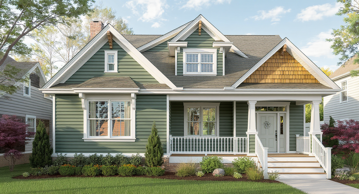 A moss green house exterior with fresh siding, white trim, and natural cedar gables. Slight imperfections reveal it’s a DIY remodel, bathed in daylight.