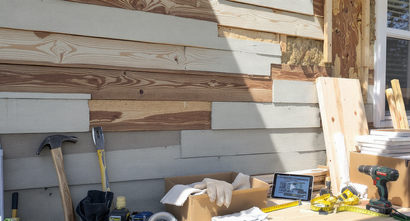 Partially demoed house wall with removed siding, exposed sheathing, new siding planks, power tools, and an open tutorial tablet, all in daylight.