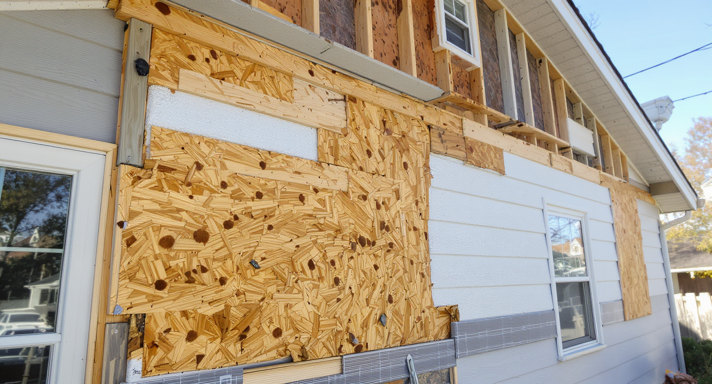 House exterior with old siding removed, revealing water-damaged sheathing, uneven framing, new OSB panels, and foam insulation patches.