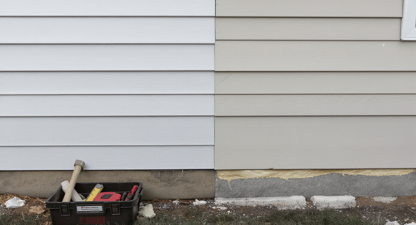 A photorealistic split view of house siding renovation: flawless pro-installed boards beside DIY siding with minor visible flaws and open tools nearby.
