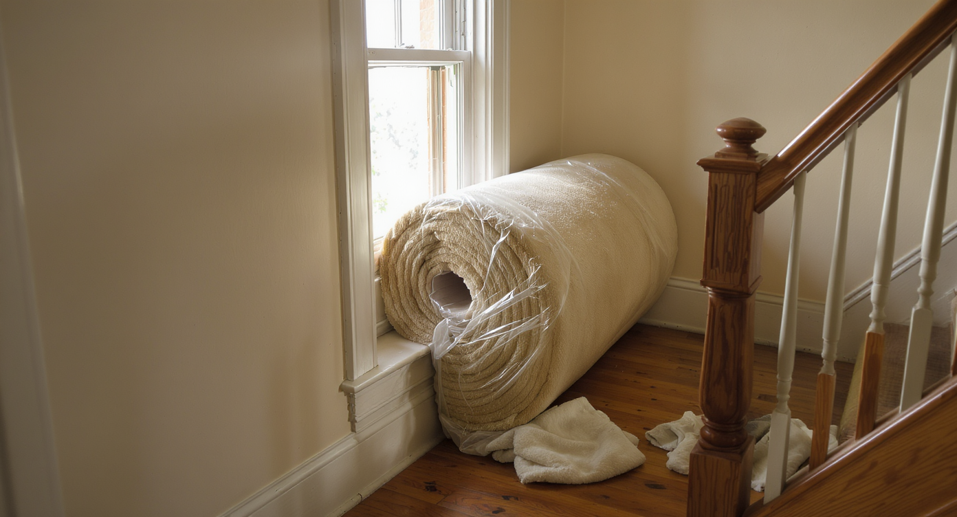A bulky carpet roll maneuvered through a narrow second-story window of an older house, highlighting challenging installation logistics.