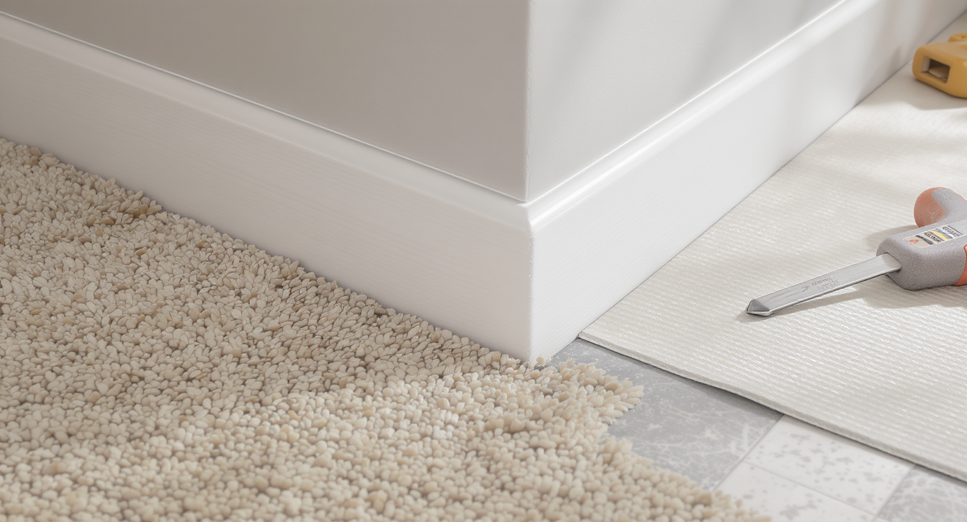 Close-up of a seamless carpet edge with perfectly installed baseboard and a spotless transition to hardwood, tools on a protective mat.