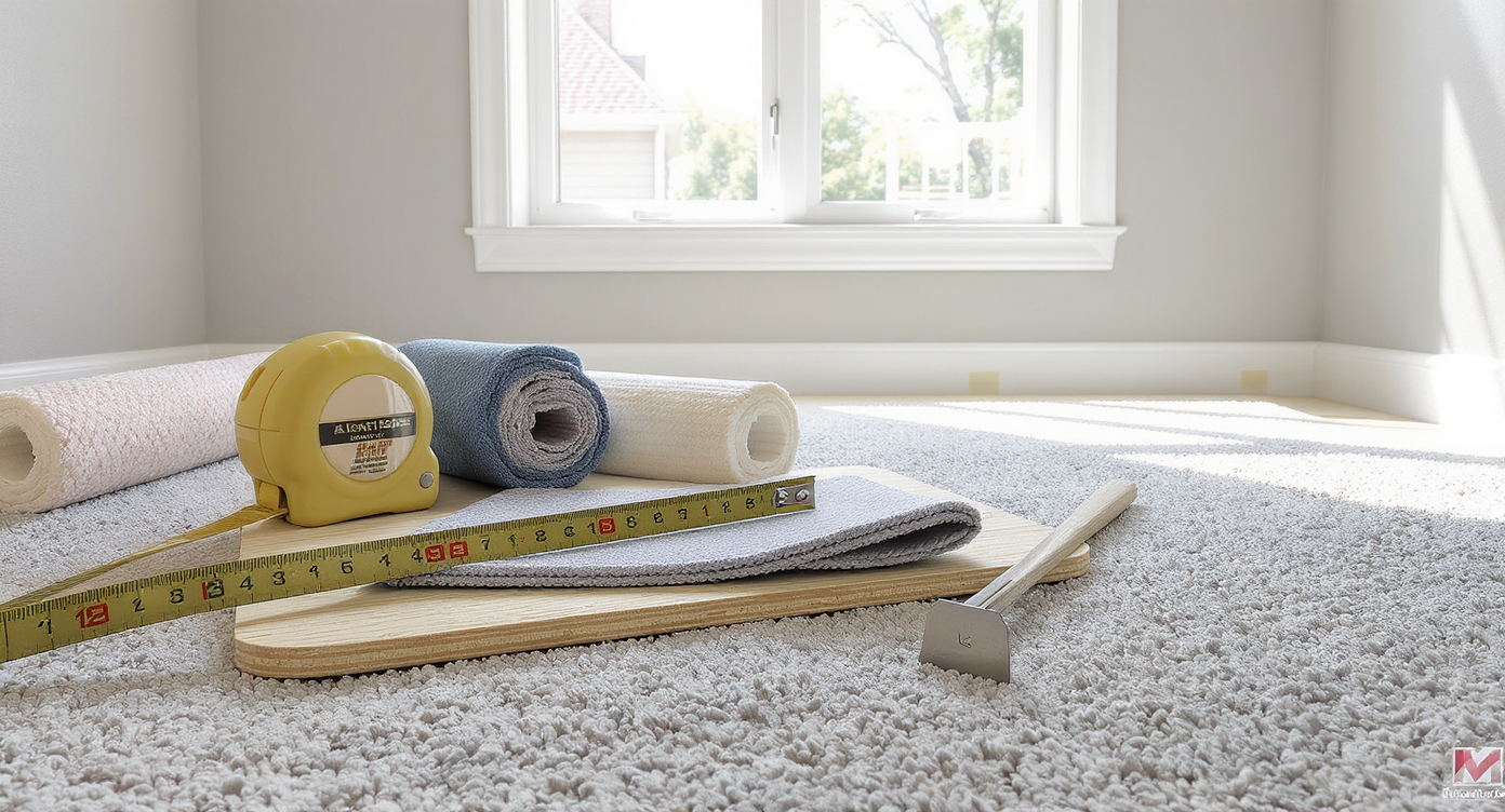 Photorealistic bedroom with exposed subfloor, carpet and pad samples, tools, padding installed, carpet rolls, and baseboards masked for prep.