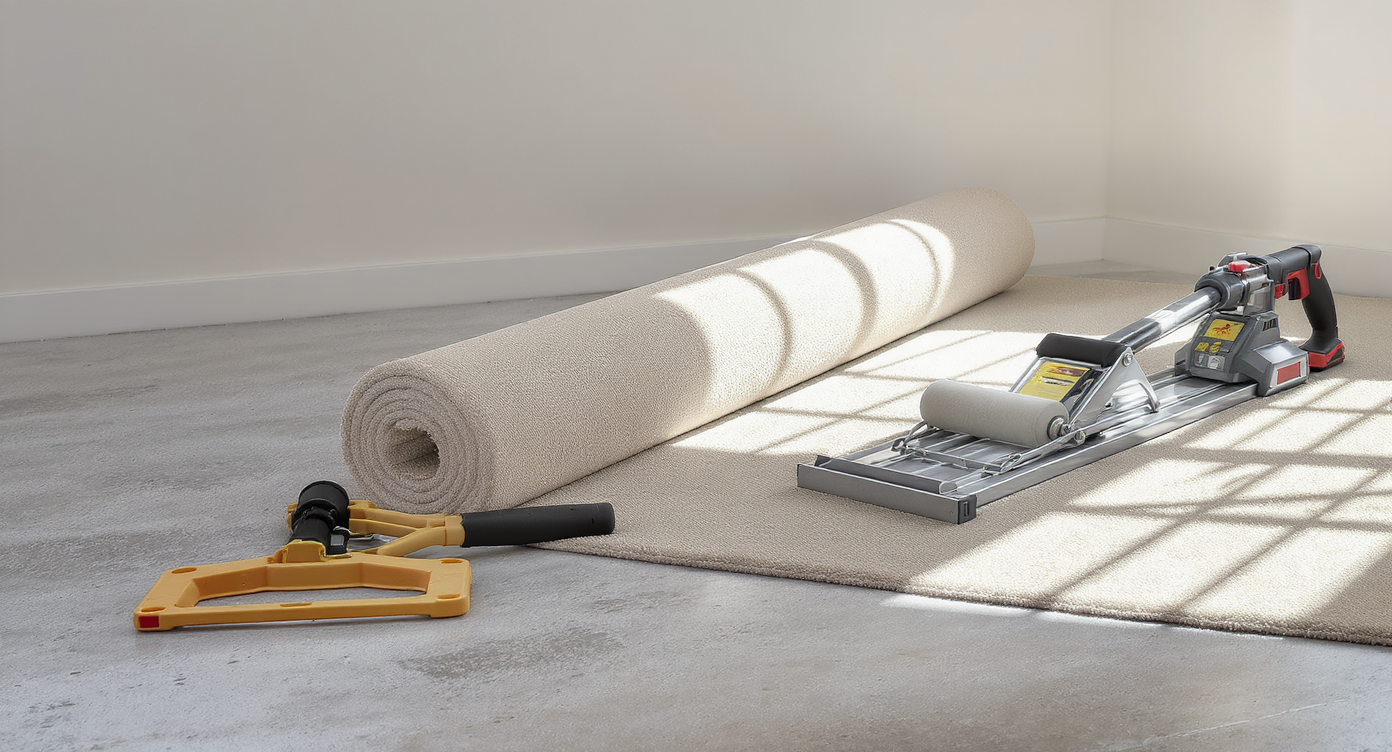 Photorealistic modern bedroom with beige carpet being installed, featuring a knee kicker and power stretcher side by side, with natural lighting.
