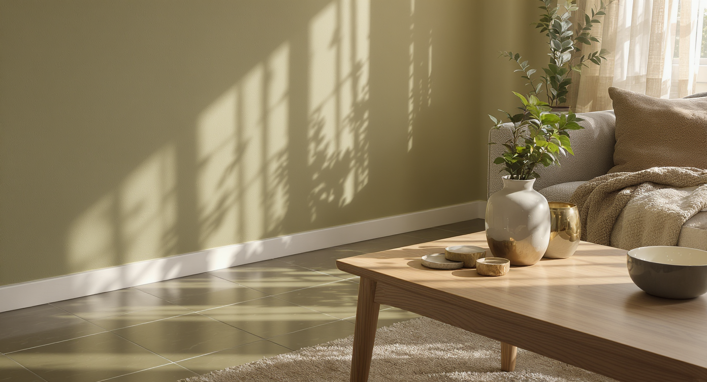 Matte olive walls contrasted with glossy tiles, plush textiles, wood, stone, and metal accents in daylight, showing texture and color shifts.