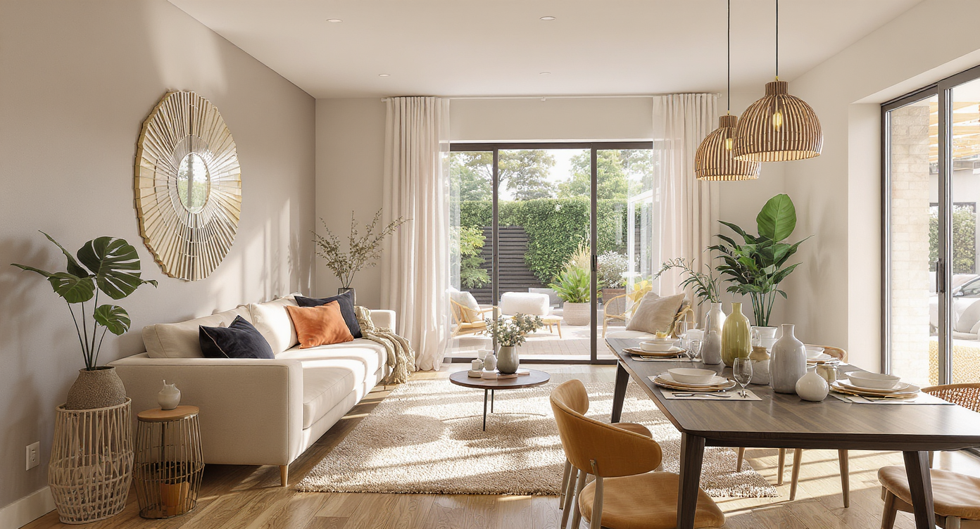 Bright, open-plan living and dining room with coordinated warm and cool tones, cohesive decor, plush textiles, natural wood floors and sunlight.