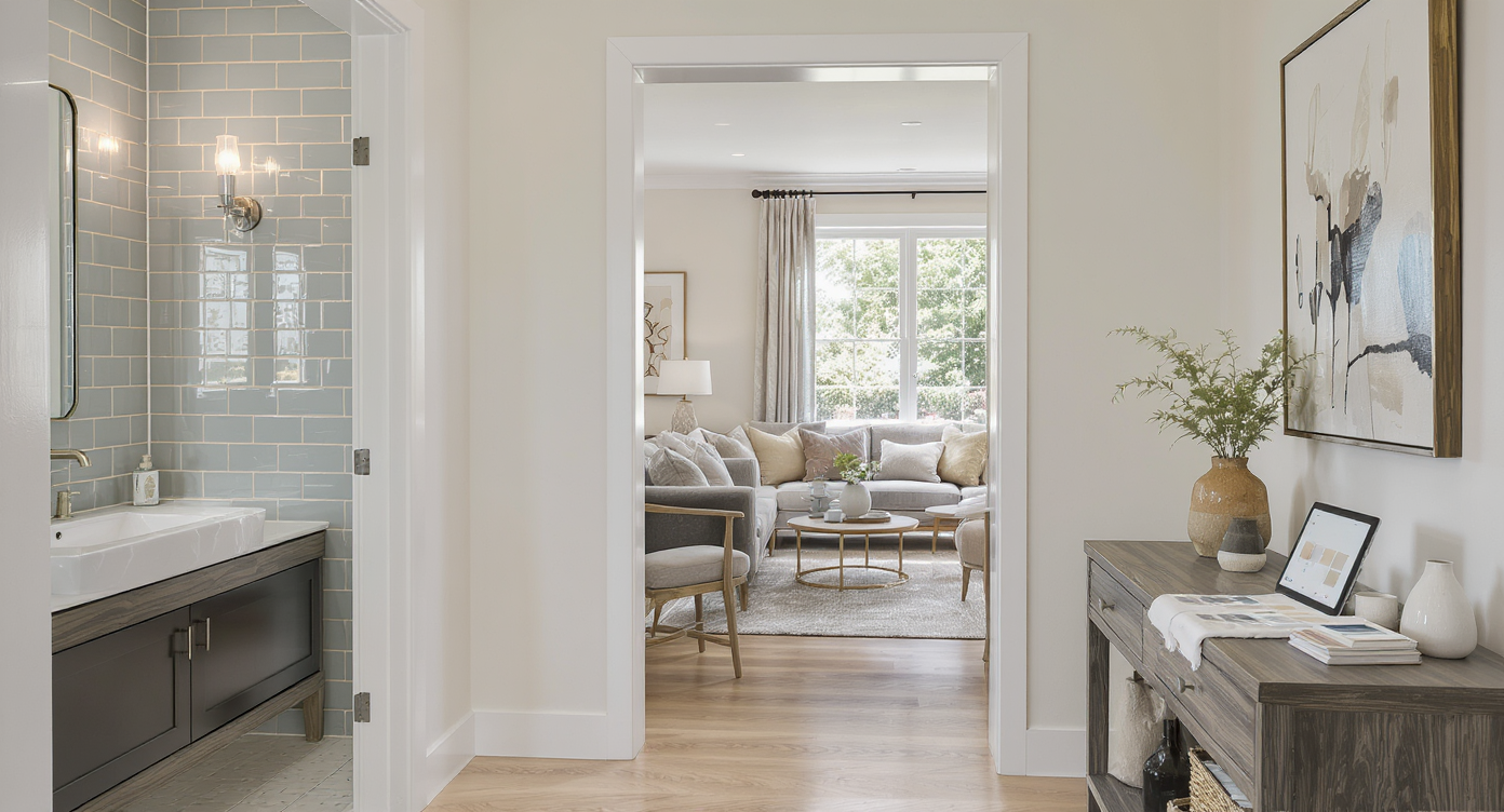 View of a modern open-plan home showing a seamless color flow from a remodeled bathroom into a cozy living room, with color swatches on a table.