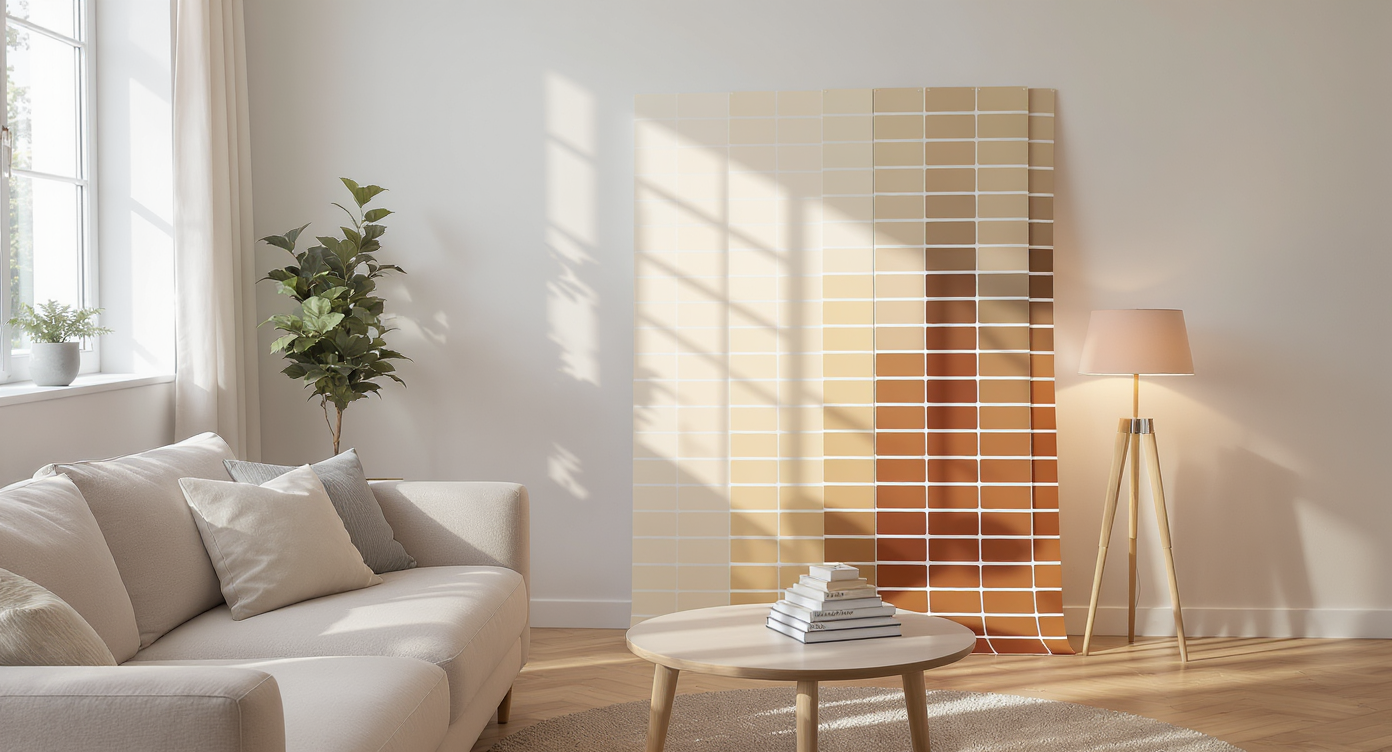Living room with removable paint color sample boards displayed under both natural sunlight and lamp light, showcasing real-world palette testing.