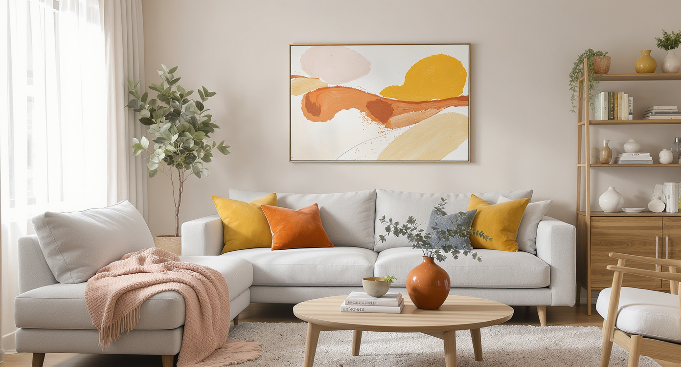A neutral-toned living room with mustard yellow, blush, and burnt umber accents in pillows, a throw, and decor for lively, balanced contrast.