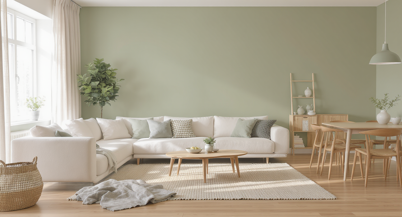 A photorealistic living and dining area with muted olive green walls, beige sofa, taupe curtains, and natural wood furniture, illustrating a cohesive base color.
