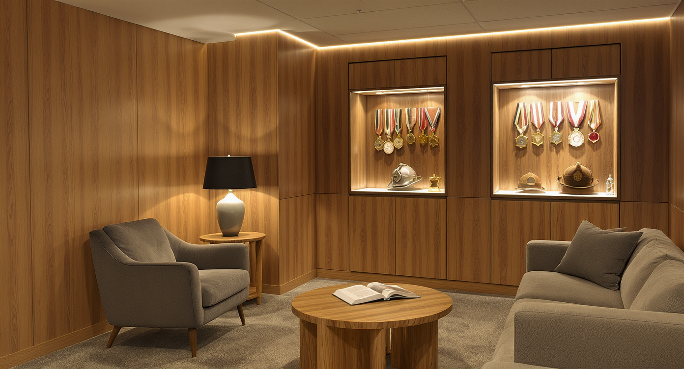 A basement lounge corner with ambient ceiling lighting, a task lamp by an armchair, and LED-lit display cases highlighting memorabilia.