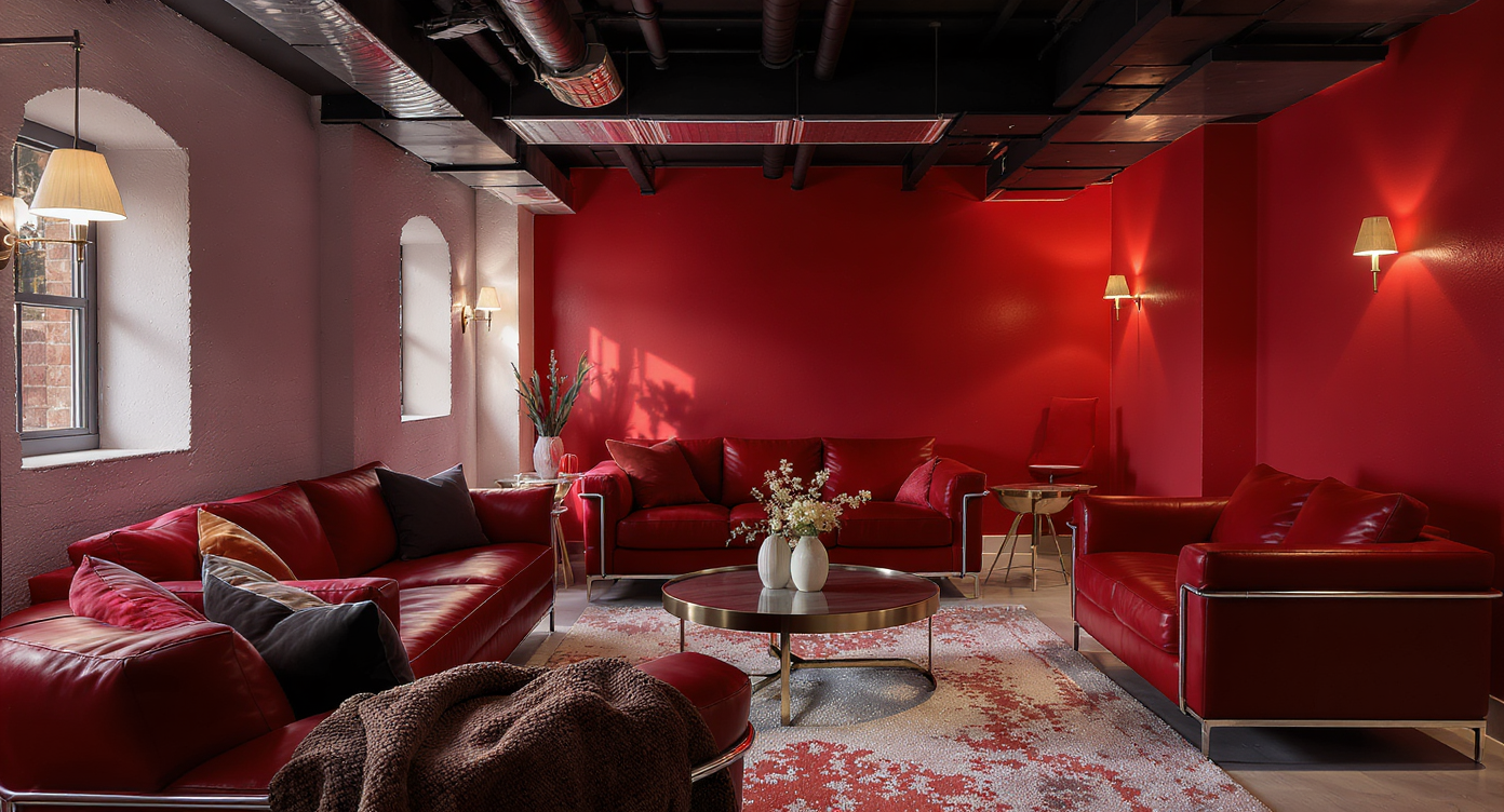 Editorial-style basement lounge with matte black ceiling, neutral walls, deep red and black leather furniture, and metallic accents.