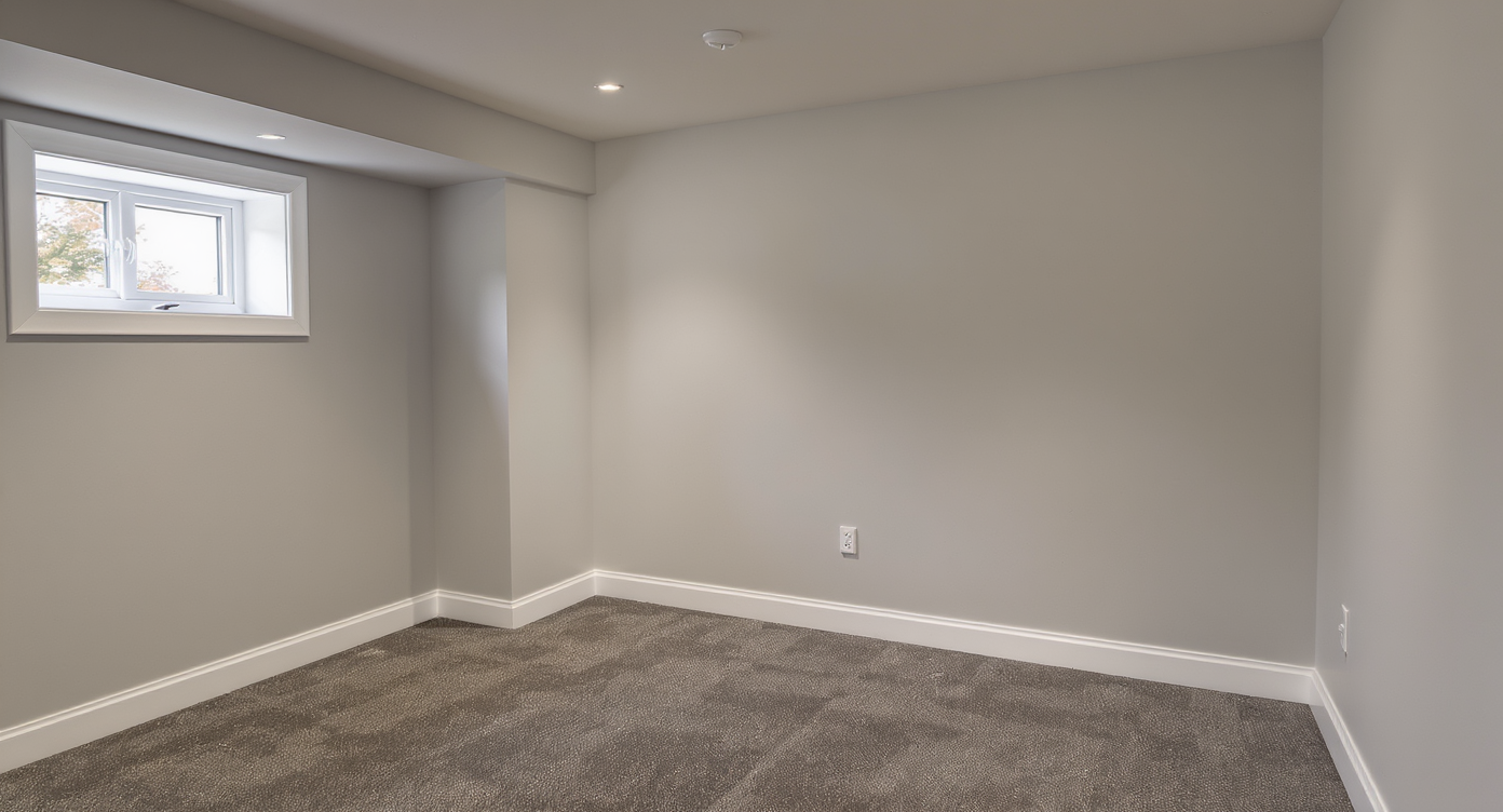 Modern basement lounge with insulated walls, luxury vinyl tile flooring, deep armchairs, built-in display alcove, and blackout curtains.