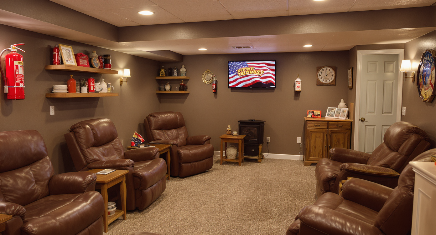 A basement lounge with firefighter memorabilia, vintage fire extinguisher, comfortable recliners, side tables, and practical storage in a tidy, well-balanced layout.