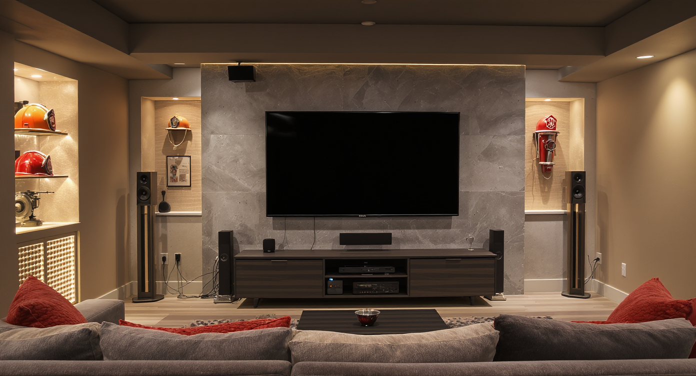An ultra-realistic basement lounge featuring a large wall-mounted TV, surround sound speakers, sleek media console with hidden cords, acoustic panels, and neatly displayed firefighter memorabilia.