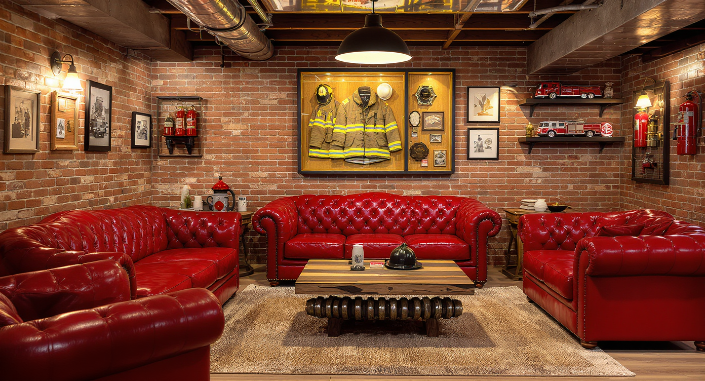 Photorealistic firefighter-themed basement lounge with vintage fire memorabilia, red leather seating, brick wall, and warm natural lighting.