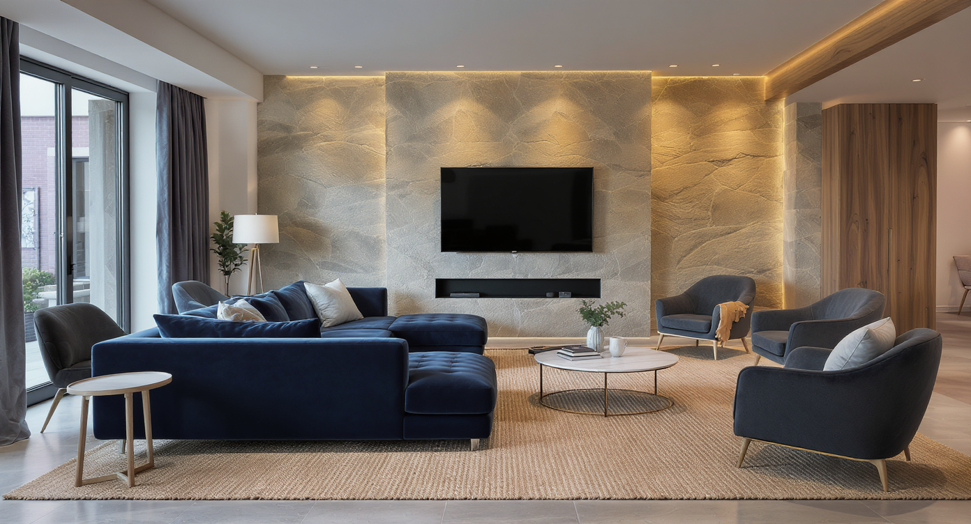 Modern basement lounge with sectional sofa, statement wall, large area rug extending beyond furniture, and clear traffic paths for socializing.