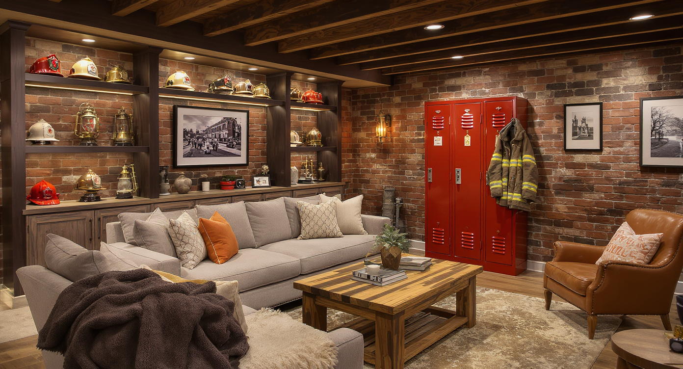 Photorealistic basement lounge with firefighter memorabilia, modern sectional sofa, reclaimed wood table, brick accent wall, and warm natural lighting.