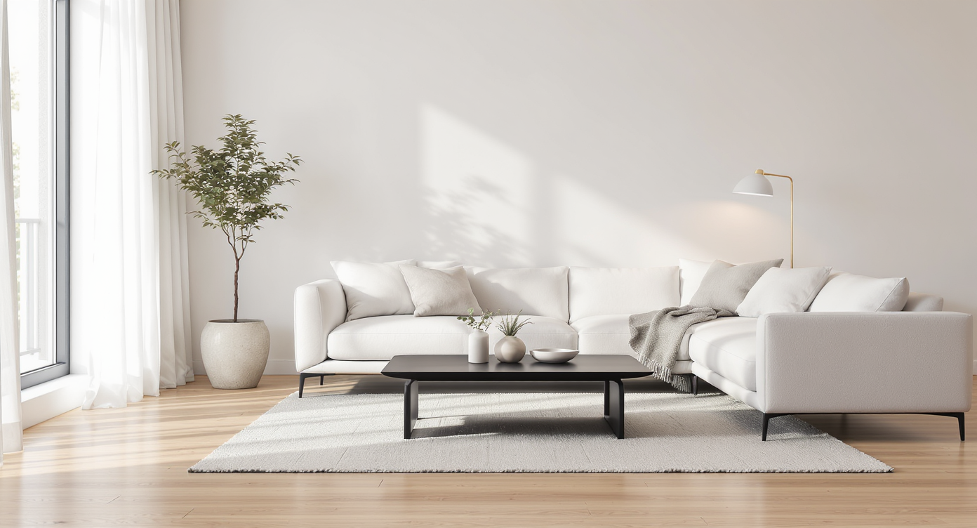 Minimalist living room with a bare light wood floor, neutral sofa, simple coffee table, pale walls, and a single potted plant—no rug, no clutter.