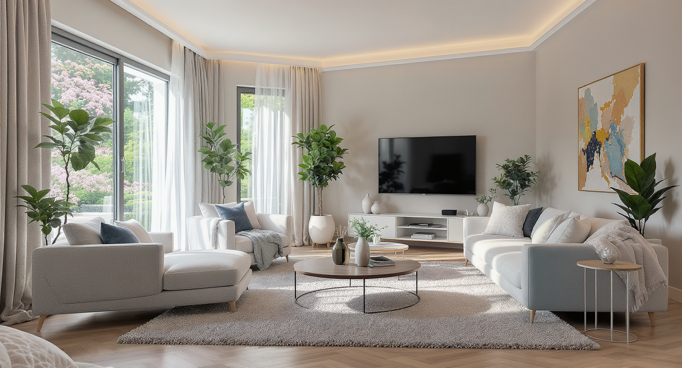A sunlit modern living room with a rug partly beneath sofas and chairs, defining the seating area and clear walkways, with a laptop showing rug layouts.
