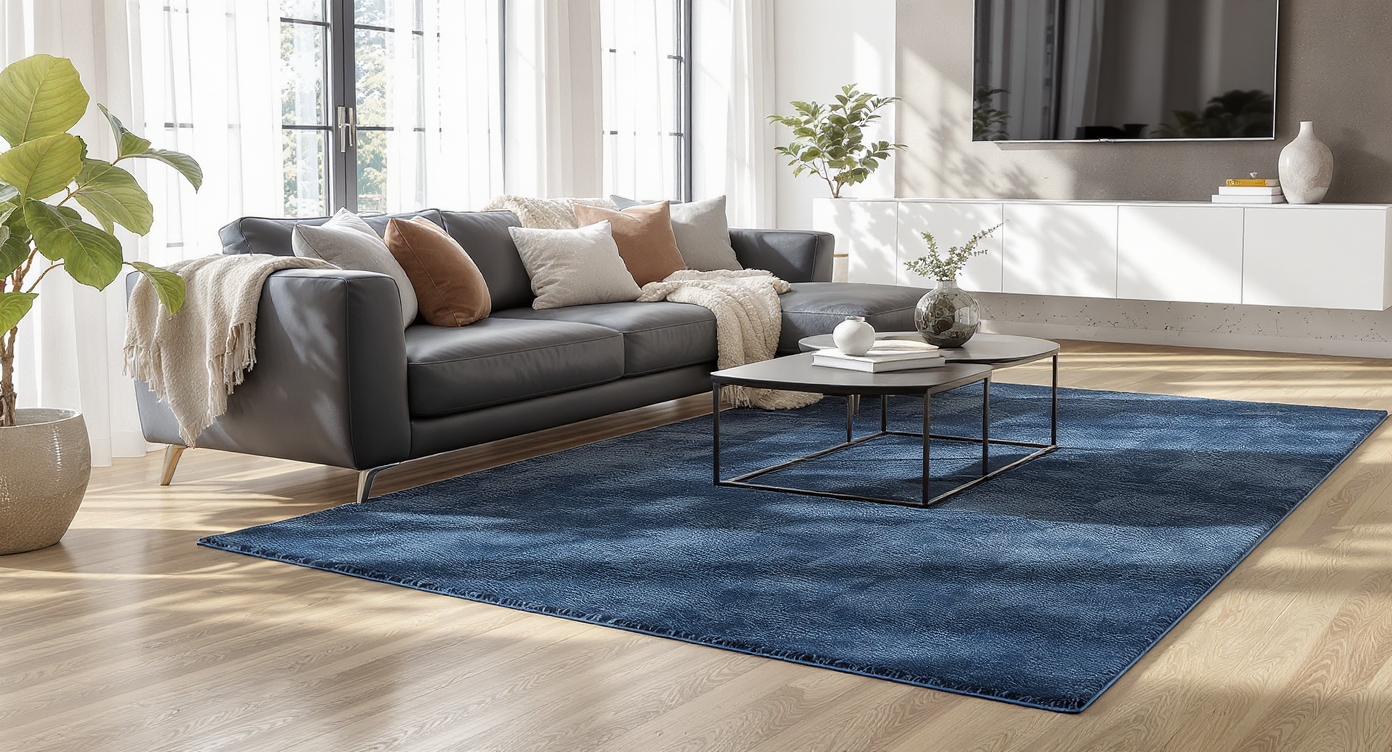 A living room with a sofa, throw pillows, a blanket, and a plush area rug on wood flooring, contrasting with an adjoining bare floor area.