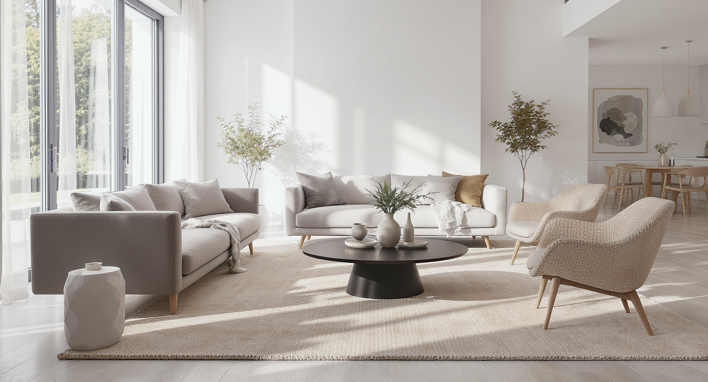 A photorealistic open-plan living room where a neutral area rug anchors a modern sofa, two chairs, and a coffee table, unifying the seating zone.