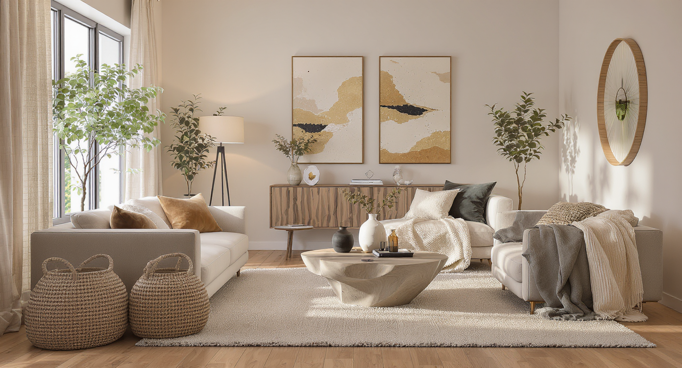Photorealistic living room without a rug, featuring layered lighting, woven baskets, textured curtains, wall art, and sculptural coffee table.