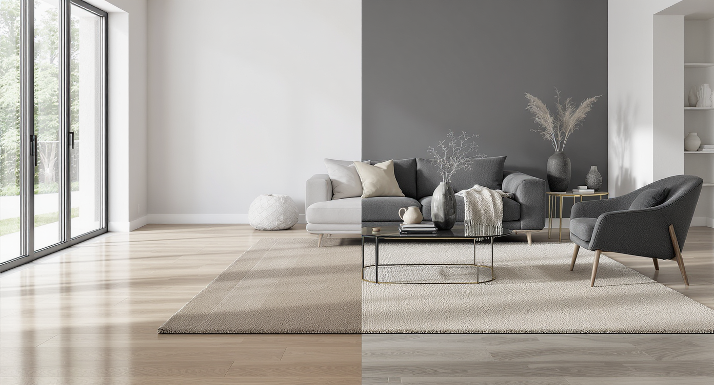 A modern renovated living room split to show both bare wood floors and a section with a tasteful area rug under a seating area, with natural daylight.