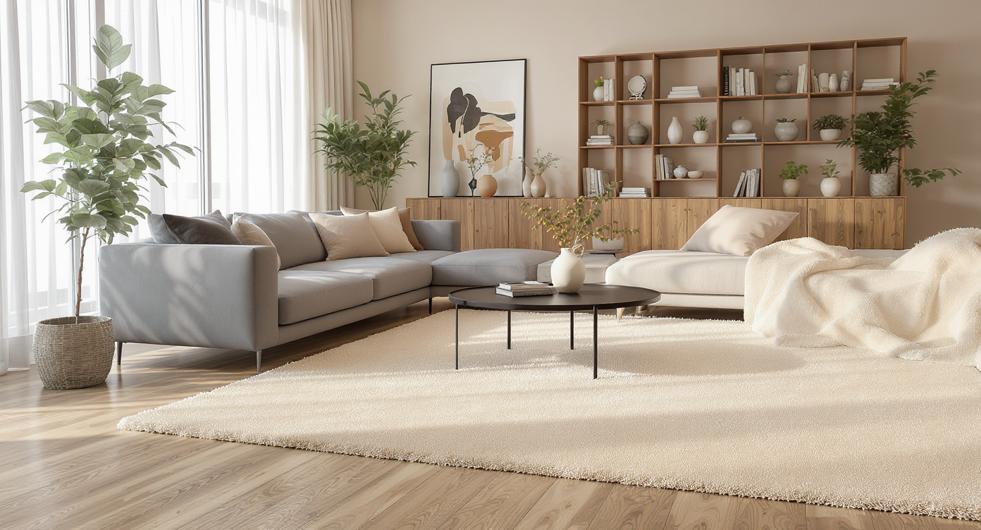 A beautifully renovated living room split between a stylish area rug and bare hardwood flooring, highlighting the rug decision process.