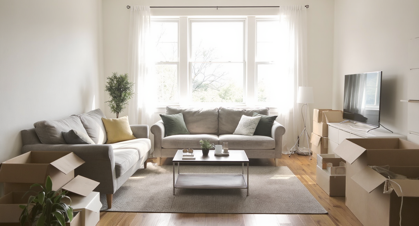 A sunlit, nearly empty living room with bare walls, a mattress, futon, and sofa, open moving boxes, and minimal furnishings on hardwood floors.