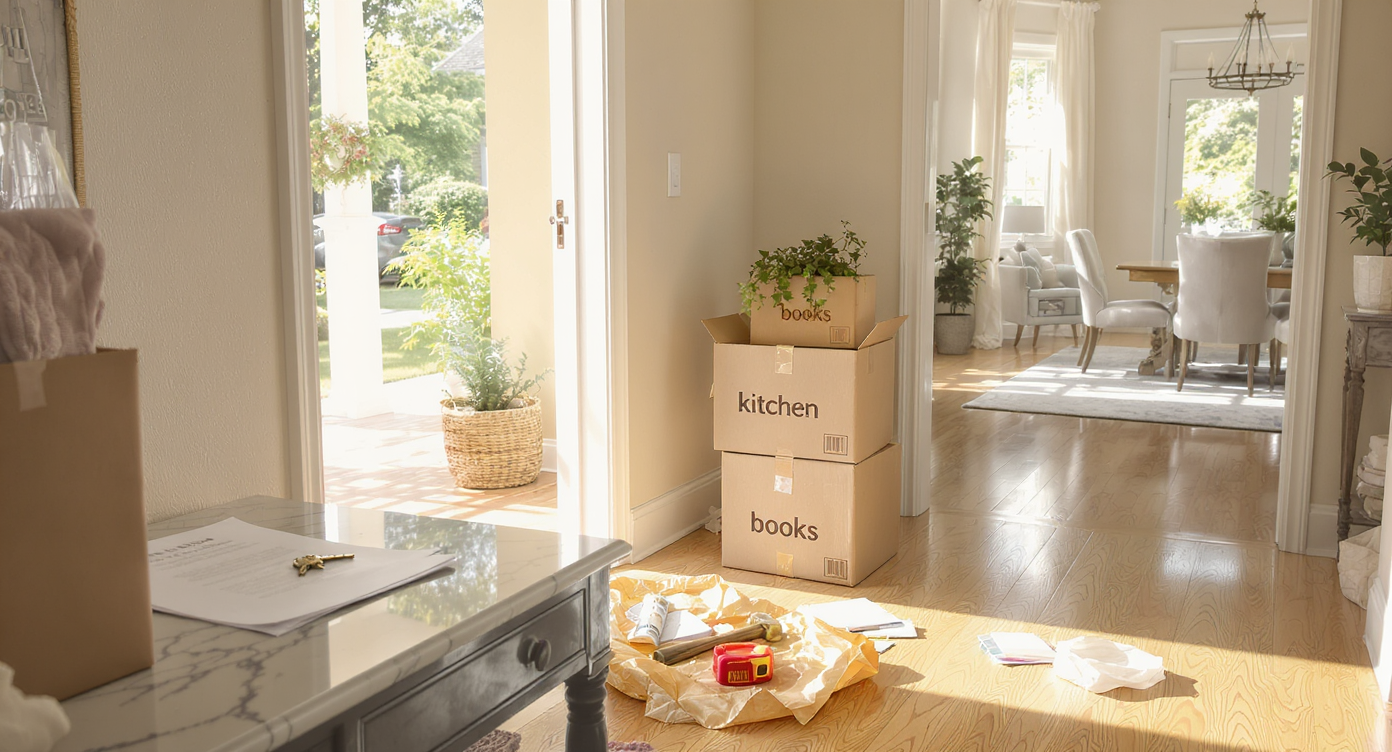 Freshly moved-in home entryway with labeled moving boxes, new keys, homeowner paperwork, and DIY tools in bright, natural light.