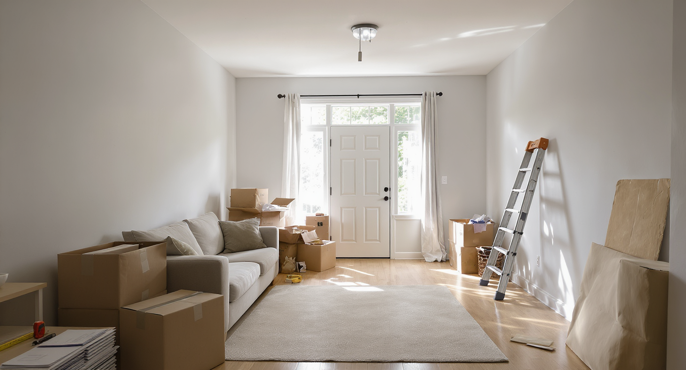 A recently moved-into living room with unpacked boxes, new house keys, tools, and a stepladder under a bare light, capturing the early days of homeownership.