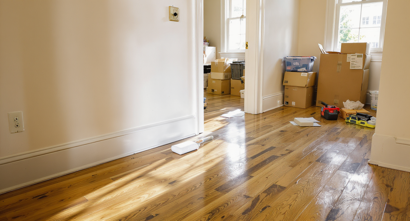 Entryway of an older home under renovation, showing partially refinished floors, paint samples, a cracked switchplate, and tools arranged for upgrades.