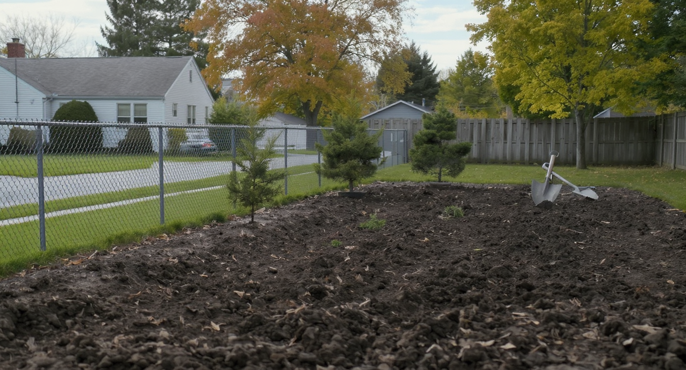 A realistic backyard shows a prepared garden bed with evergreen saplings and a shovel, revealing plans to plant a privacy screen along a boundary fence.