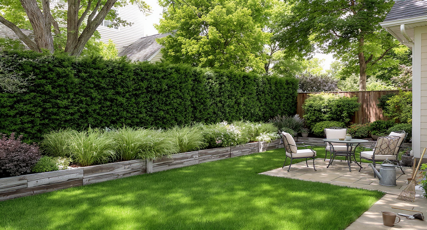 A lush backyard features a manicured lawn bordered by a thick, green living privacy screen of shrubs and grasses, creating a secluded, inviting space.