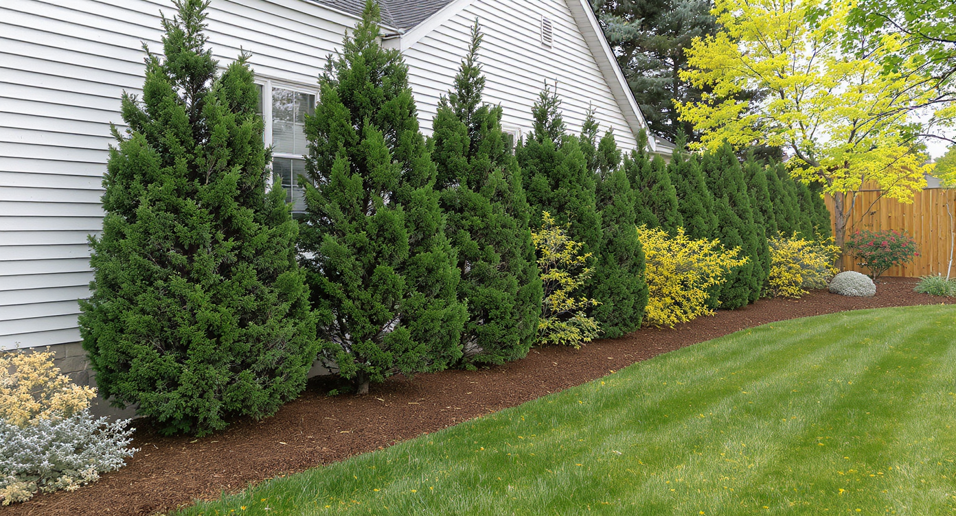 A photorealistic backyard retreat with layered conifers, shrubs, forsythias, and a low stone wall creates a natural privacy screen near a rural road.