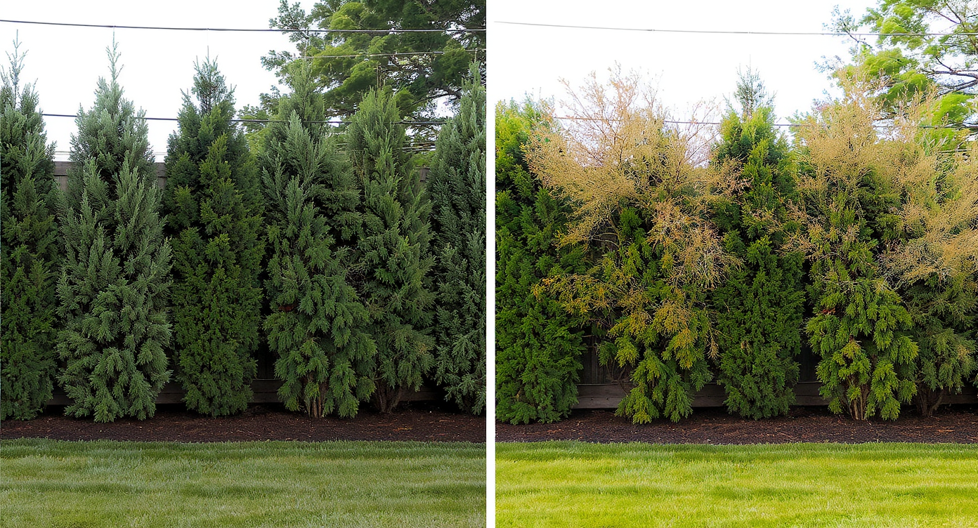 Side-by-side comparison of a well-spaced versus an overcrowded privacy planting in a realistic backyard, highlighting mature tree spacing.