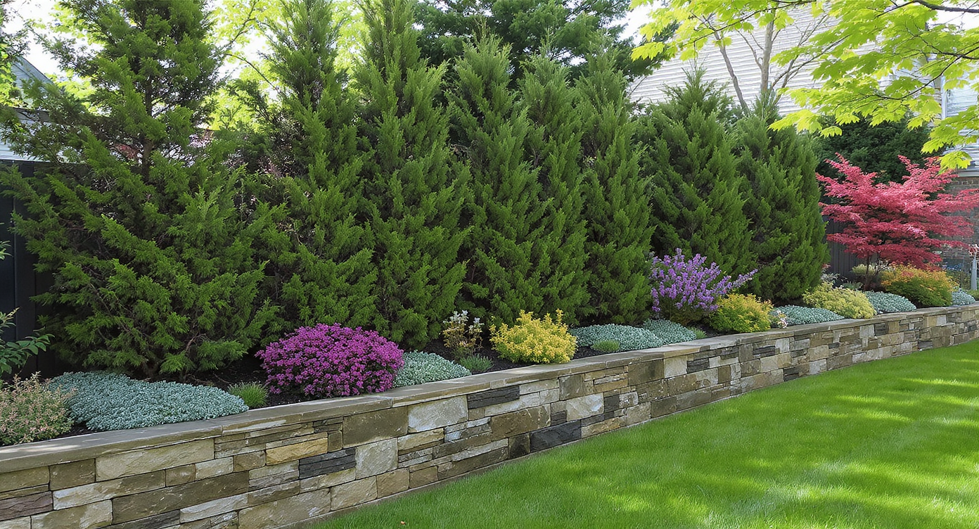 Layered privacy planting in a backyard: evergreens at the rear, mixed shrubs and flowering perennials in front, and a short stone wall base.