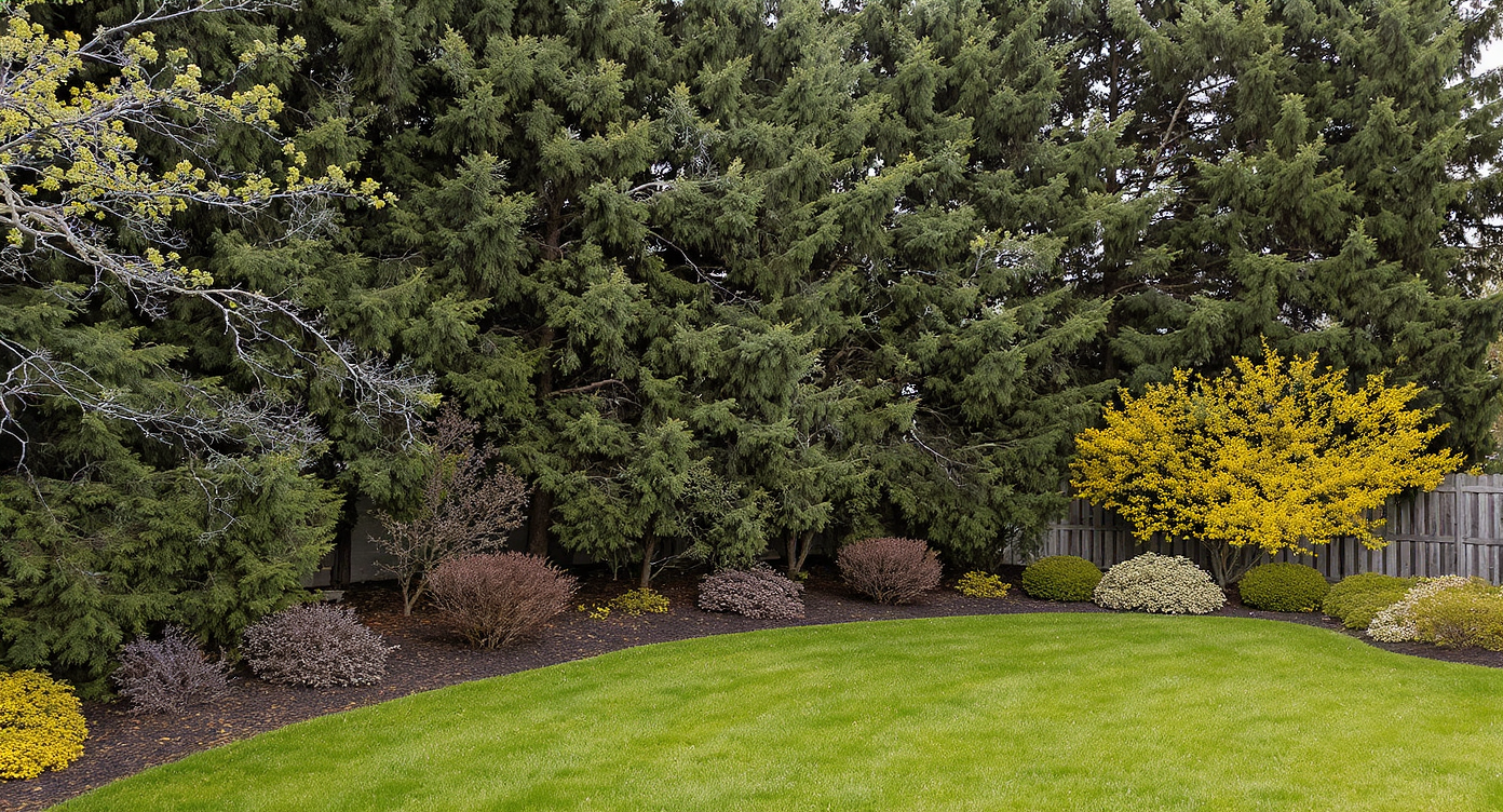 A photorealistic backyard with a curved evergreen border, native shrubs, stone wall, flowering dogwoods, and blooming forsythia along the fence.