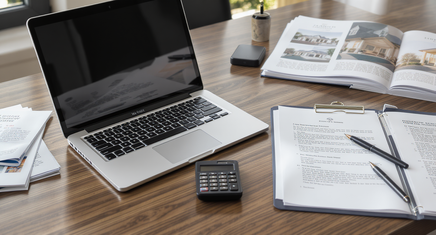 A real estate agent's desk featuring loan paperwork, mortgage brochures, a proof of funds form, and translation tools, all neatly arranged.