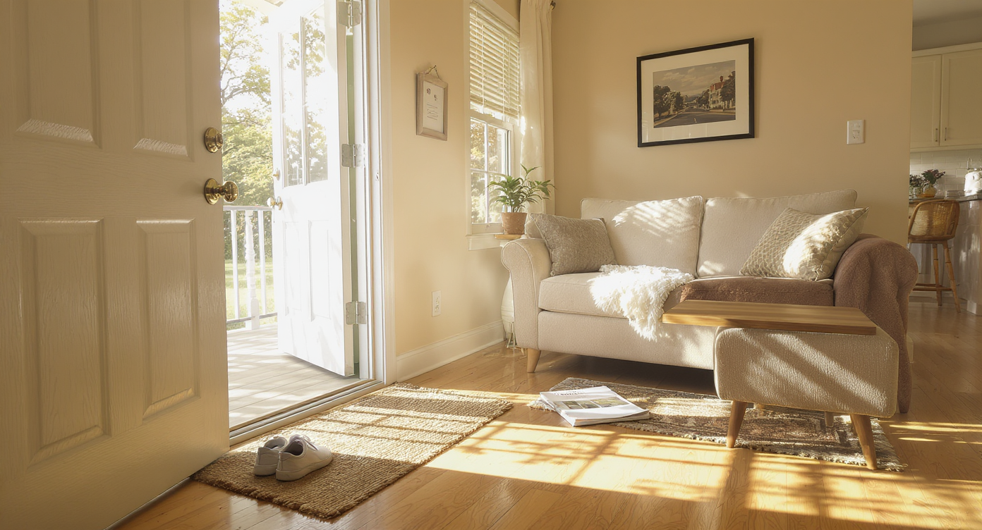 A sunlit living room in a home-for-sale, showing real estate brochures, mild clutter, and authentic wear—no people present.