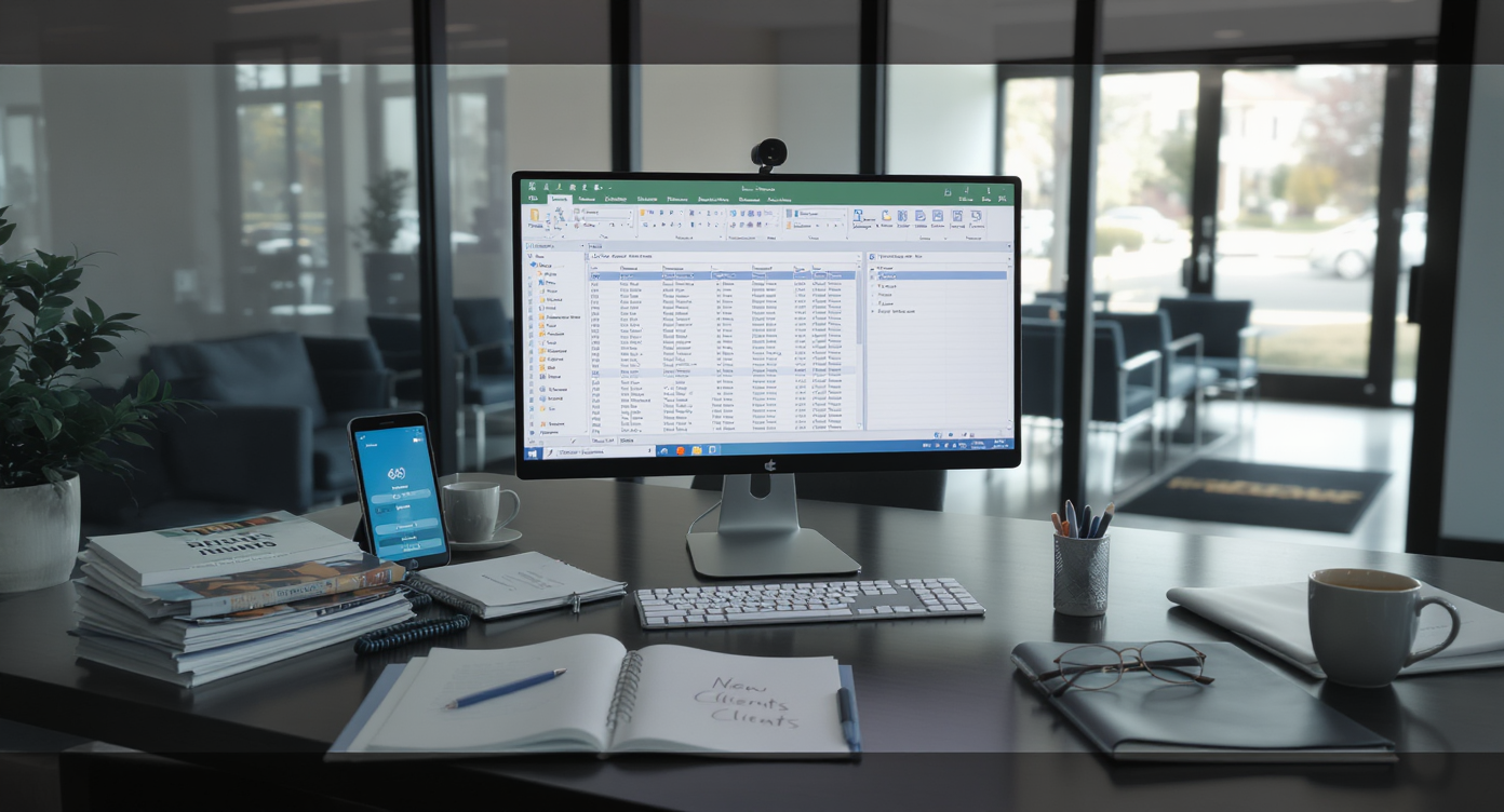 A real estate agent's desk with a monitor showing property listings, open notepad, brochures, coffee mug, and phone, in a bright office with empty waiting chairs.